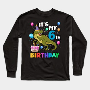 Kids 6 Year Old 6th Birthday Boy Dino T Rex Dinosaur Long Sleeve T-Shirt